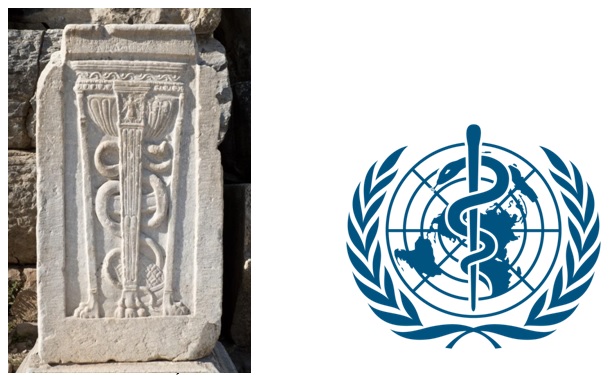 Relieve de Éfeso con el bastón y la serpiente y logotipo de la OMS