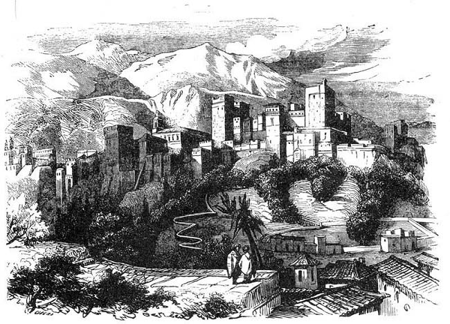 Grabado de la Alhambra de Granada, contenido en la obra Los monfíes de las Alpujarras, Manuel Fernández y González, 1859. Eleno de Céspedes luchó como soldado
