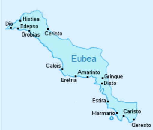 Mapa de las principales ciudades griegas perdidas de la región de Eubea, al norte de Atenas, como consecuencia de la crisis del 411 a.C.