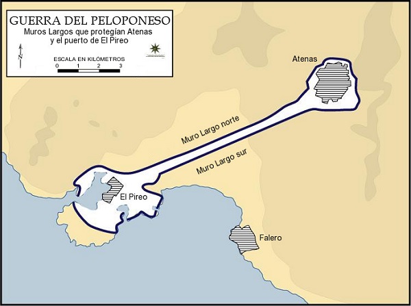 Mapa de los Muros Largos entre Atenas y el puerto del Pireo