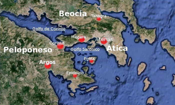 Ubicaciones de las ciudades de Tanagra, Mégara, Corinto y Atenas, escenarios de la Primera Guerra del Peloponeso