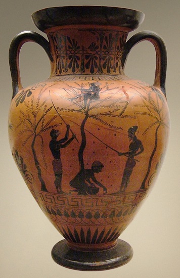 Ánfora representando el trabajo más frecuente de la esclavitud en la antigua Grecia: las faenas agrícolas