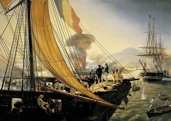 Cuadro contemporáneo que representa el bombardeo de un barco francés en la Guerra de los Pasteles