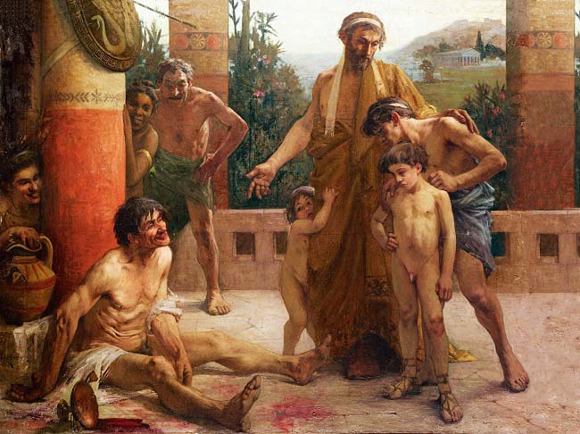 Cuadro de F. Sabbate (1900) de una familia espartana burlándose de su esclavo