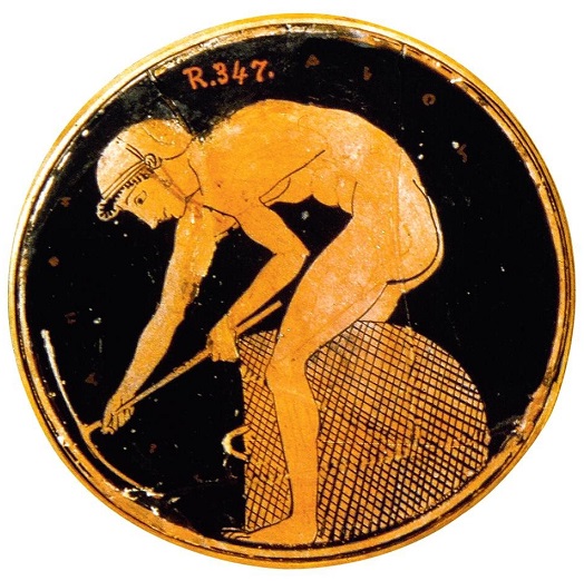 Escena de una cerámica en la que se ve a un esclavo trabajando en una mina