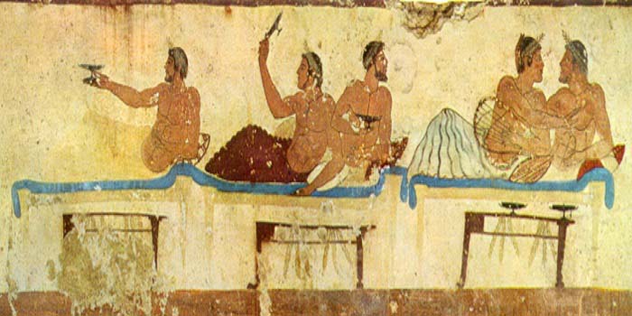 Fresco que representa un simpósion, en la llamada Tumba del nadador (480 a.C.)