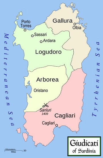 Mapa de la isla de Cerdeña hacia 1297, en pleno reinado de Jaime II de Aragón