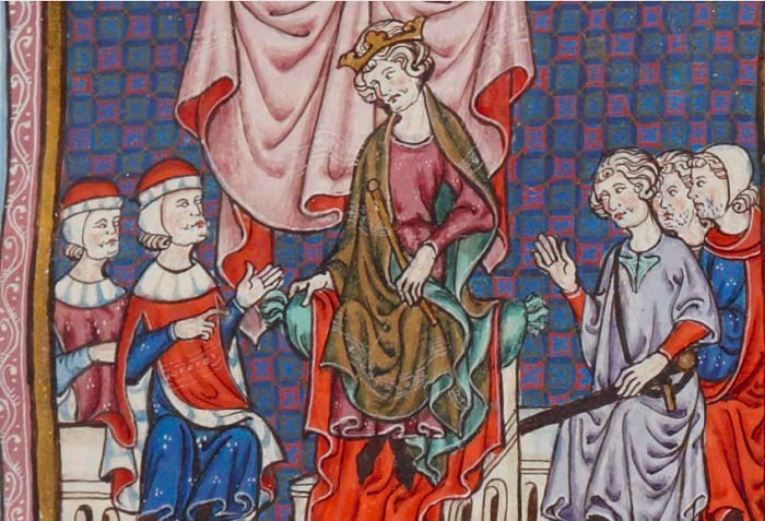 Representación del Consejo de nobles presidido por Jaime II de Aragón en una obra contemporánea