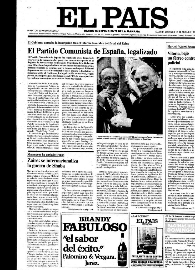 Portada del periódico El País el día en que se aprobó la legalización del PCE