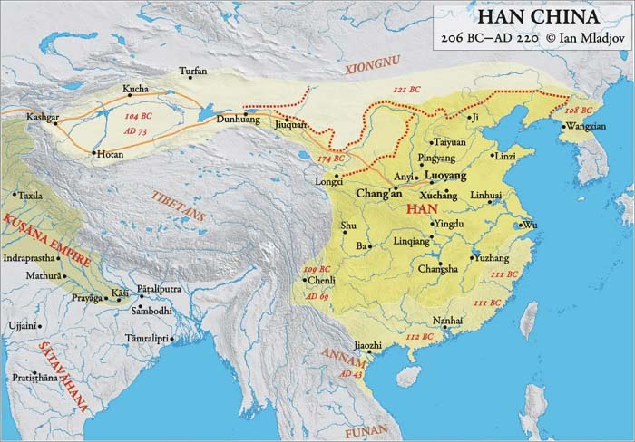 Mapa de China durante el Imperio Han, durante el cual se originó la Ruta de la Seda (202 a.C. – 220 d.C.)