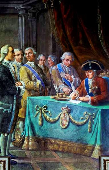 El rey Carlos III firmando el Tratado de Libre Comercio