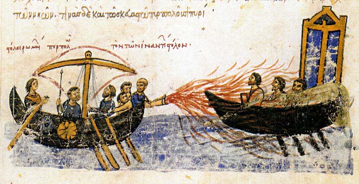 Ilustración de una crónica bizantina en la que se representa el fuego griego