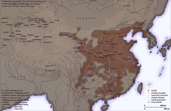 Mapa de China durante el Imperio Han, durante el cual se originó la Ruta de la Seda, por el autor Jack Yuan