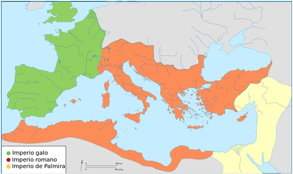 Mapa de las principales divisiones del Imperio Romano en el siglo III de la era, incluyendo el Imperio Galo