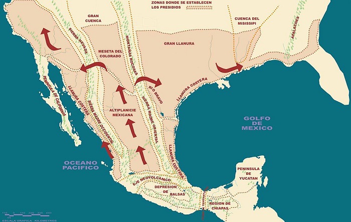 Mapa del flujo minero en el Virreinato de Nueva España