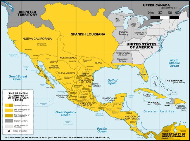 Mapa político de los territorios del Virreinato de Nueva España hacia el año 1810, en vísperas del inicio de la guerra de independencia de México.