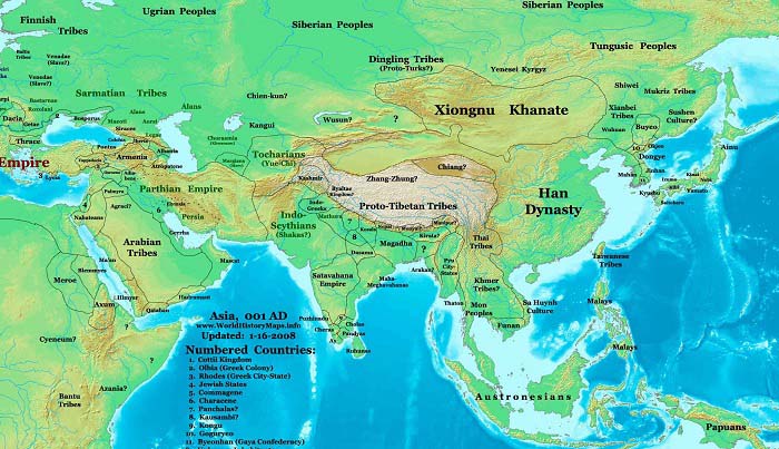 Mapa de China durante la Dinastía Han occidental. Comparativa con otros reinos e imperios