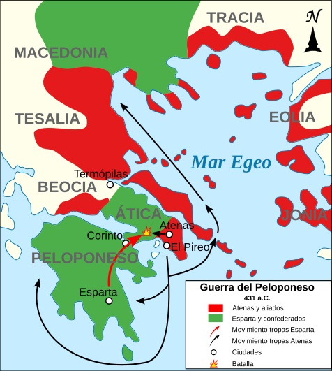 Mapa de los comienzos de la Guerra arquidámica, la fase anterior a la Paz de Nicias