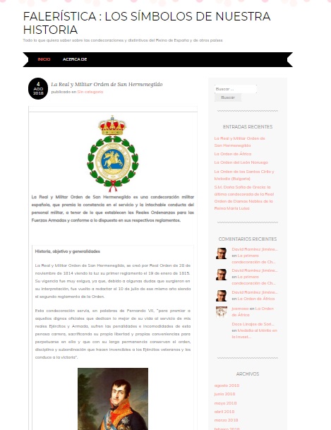Captura de pantalla general del blog Falerística