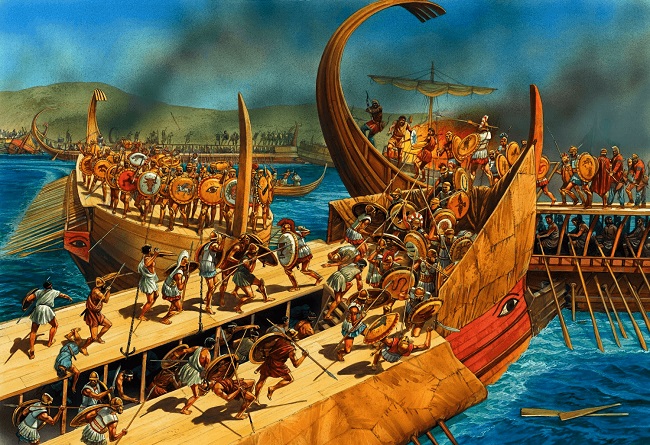 Ilustración de una batalla naval durante la gran expedición a Sicilia (Arrecaballo)