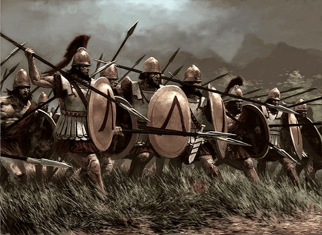 Ilustración de una falange espartana avanzando (Arrecaballo)