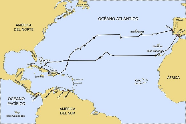 Reconstrucción del itinerario del primero de los cuatro viajes que Colón realizó a América