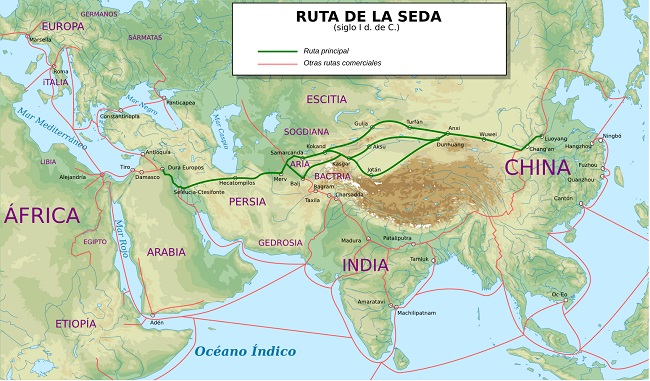 Mapa de la Ruta de la Seda hace 2000 años, en el siglo I d.C.