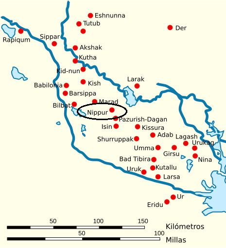 Mapa de la Baja Mesopotamia en el que se señala dónde estaba la biblioteca de Nippur