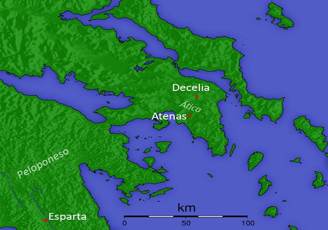 Mapa del Ática en el que se ve la ubicación de Decelia y Atenas