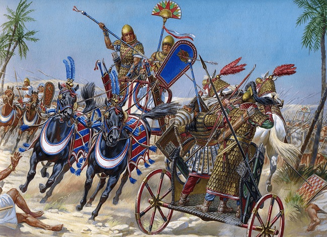 Ilustración que recrea a Tutmosis III cargando contra el rey de Kadesh en la batalla de Meggido (Arrecaballo)