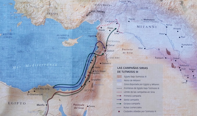 Mapa de las campañas sirias de Tutmosis III, incluyendo la batalla de Megido