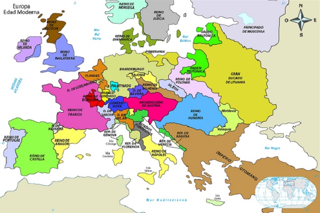 Mapa que muestra en Europa las fronteras de la política en la Edad Moderna naciente