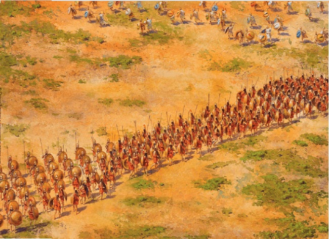 Ilustración que recrea la disposición del ejército espartano en la batalla de Coronea (Arrecaballo)