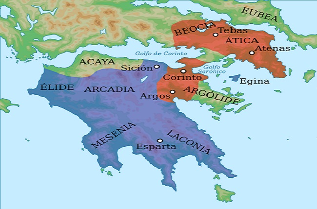 Mapa de la Guerra de Corinto. En azul, el bando espartano, y en rojo el bando aliado