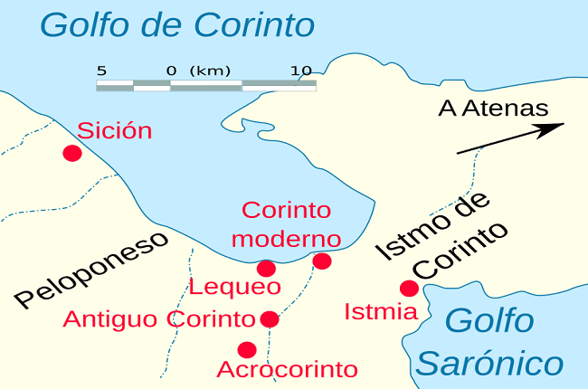 Mapa del entorno de Corinto en el que se ve Lequeo