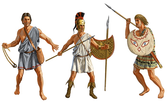 Psiloi o infantería ligera griega a la izquierda un hondero, a la derecha peltastas