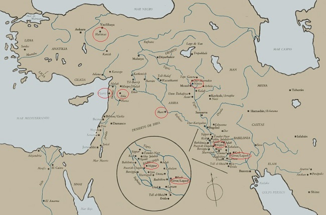 Mapa del Oriente próximo en el que están señaladas las grandes bibliotecas y archivos de la Antigüedad, incluido el archivo de Lagash