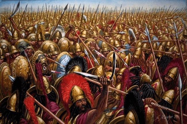 Ilustración de la batalla de Leuctra Arrecaballo