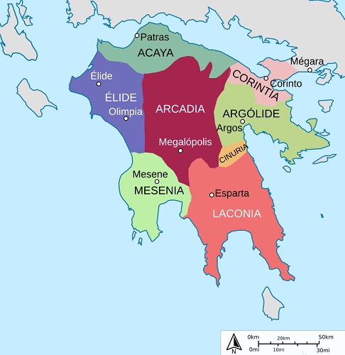 Mapa de la península del Peloponeso y sus principales regiones y ciudades