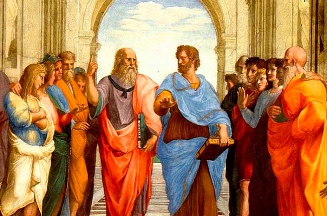 Detalle de La Escuela de Atenas, de Rafael Sanzio, con Platón y Aristóteles en el centro