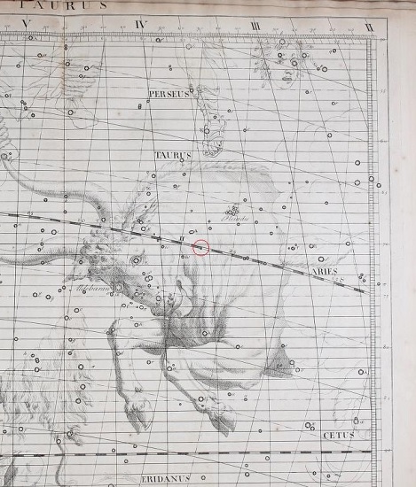 El planeta Urano señalado en un círculo rojo en el atlas de Flamsteed de 1729