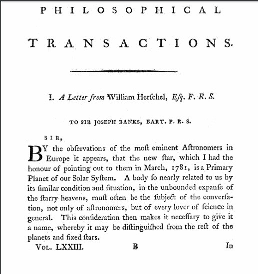 Fragmento de la carta de William Herschel a Joseph Banks en el que notifica que lo descubierto en 1781 es un planeta, el planeta Urano
