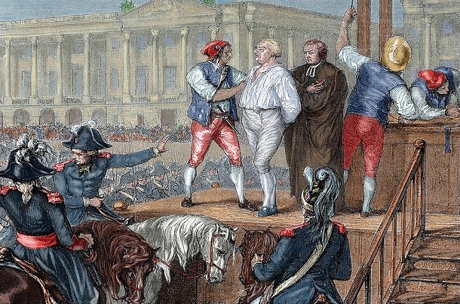 Grabado en color de la ejecución del rey Luis XVI de Francia