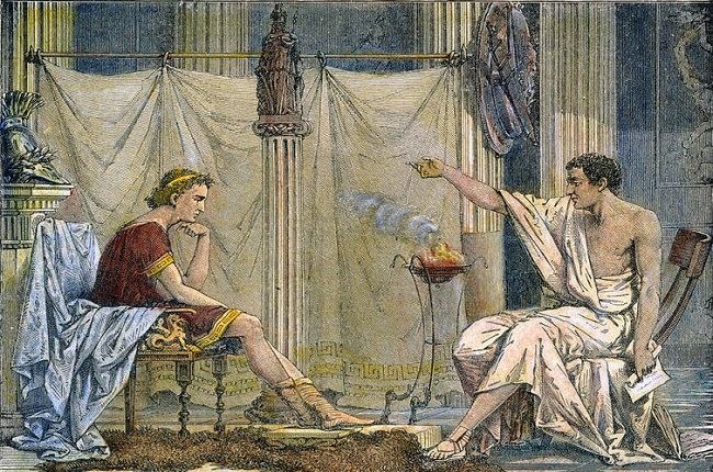 Ilustración del siglo XIX que muestra a Aristóteles, maestro de la infancia de Alejandro Magno