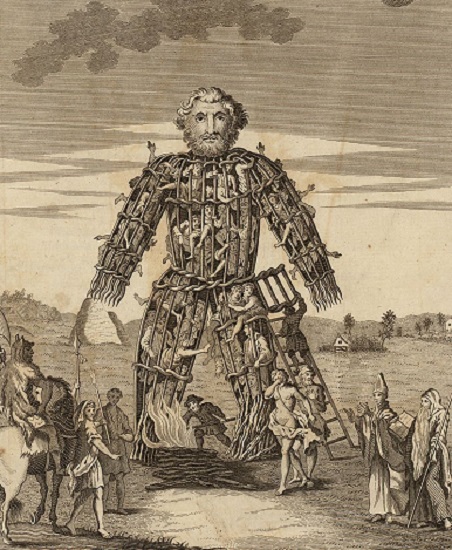 Ilustración del siglo XVIII de un hombre de mimbre usado por los druidas