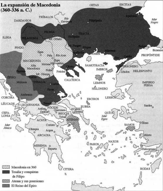 Mapa del mundo griego entre el 360 y el 336 a.C., destacando el reino de Macedonia