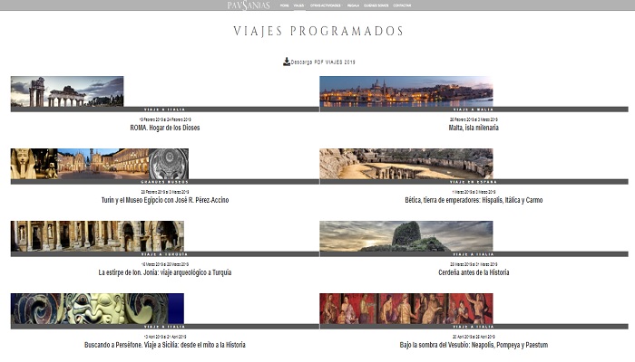 Captura de pantalla de los viajes programados de la agencia Pausanias
