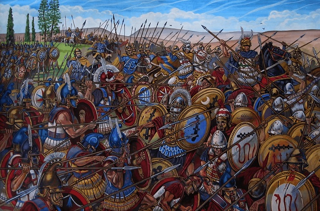 Ilustración que recrea la batalla de Queronea Arrecaballo