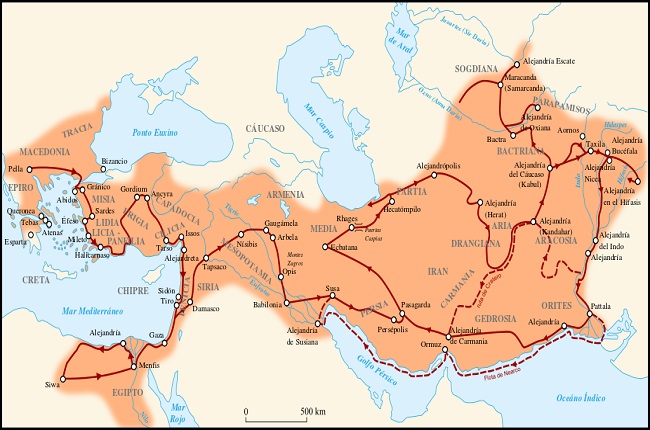 Mapa de la máxima extensión del imperio de Alejandro Magno, incluyendo la localización de la batalla de Gaugamela