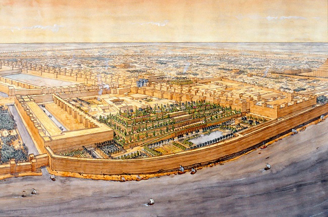 Reconstrucción de Babilonia, con los jardines colgantes en primer plano